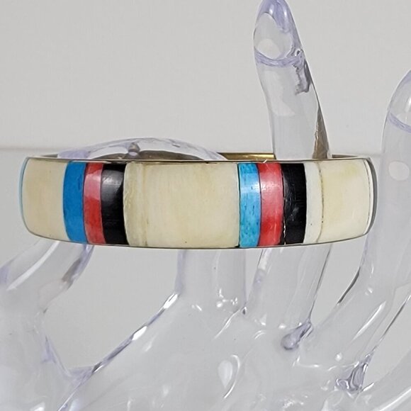 Unbranded Jewelry - Vintage Natural Materials Overlay Brass Bangle Bracelet 8.25 In Multicolor